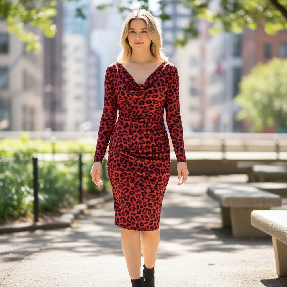 Betsey Johnson Leopard Print Dress Womens M Red Black USA Ruched Cowl Neck Mesh